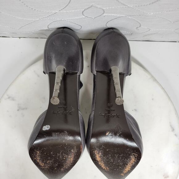 Elizabeth & James Stiletto Heels Womens 8 Gray Leather T-Strap Metal Spike Heel - Picture 7 of 16